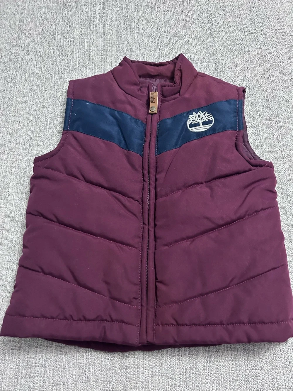 Timberland Kids Maroon Quilter Puffer Vest with Navy Accent. Size 24M